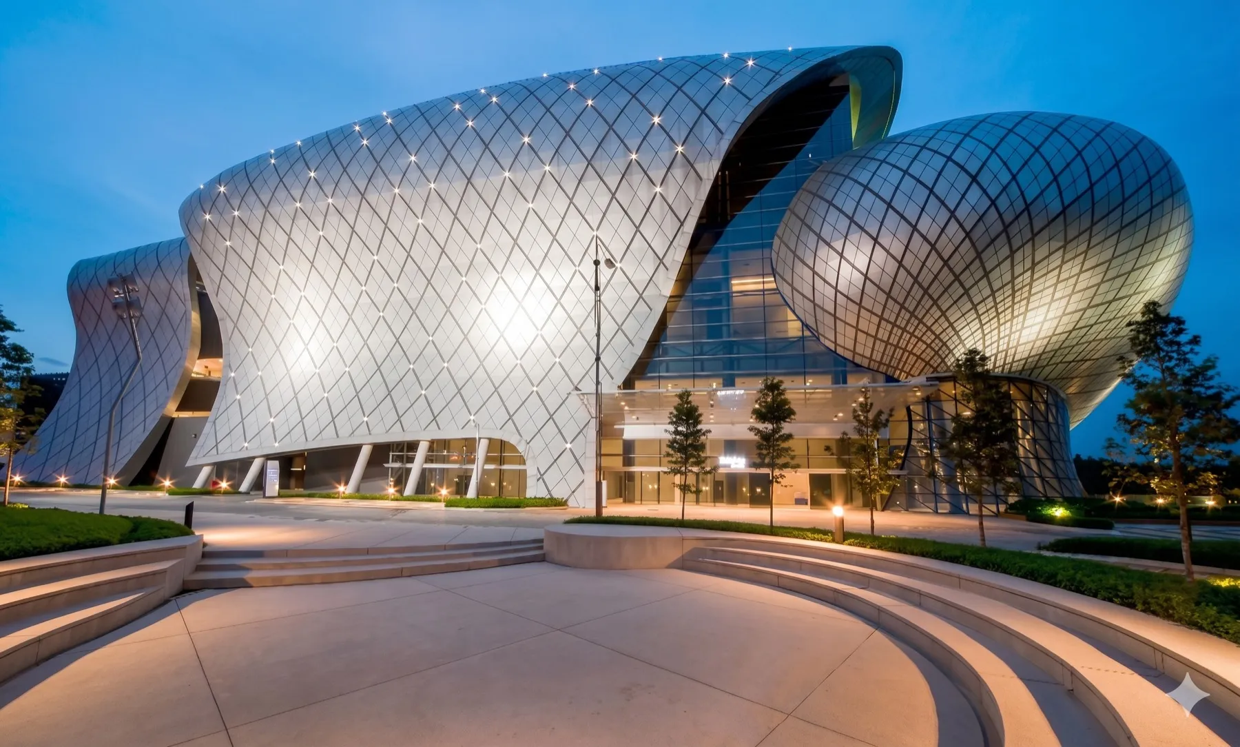 Exhibition venue at dusk